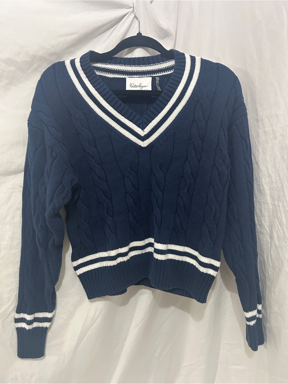 Walter Hagen Clubhouse Navy Blue Cable Knit V-Neck Cricket Sweater - Women's M